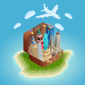 Poster of big suitcase on island with famous towers and statue aircraft in sky isometric vector illustration
